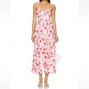 REVOLVE BARDOT Lola Midi in Hot Pink Strapless Floral Dress